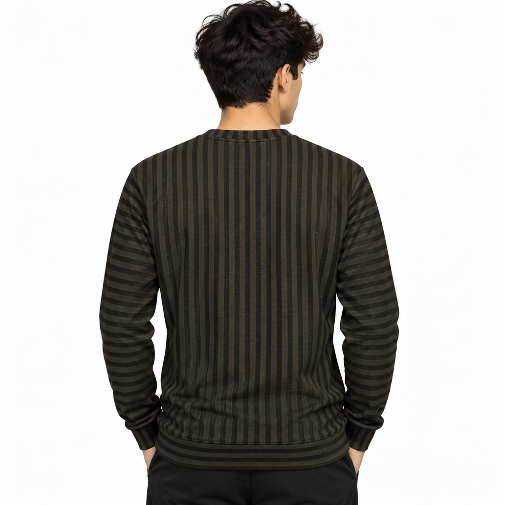 Dark Brown & Black Textured Striped Crewneck Sweatshirt – Unisex