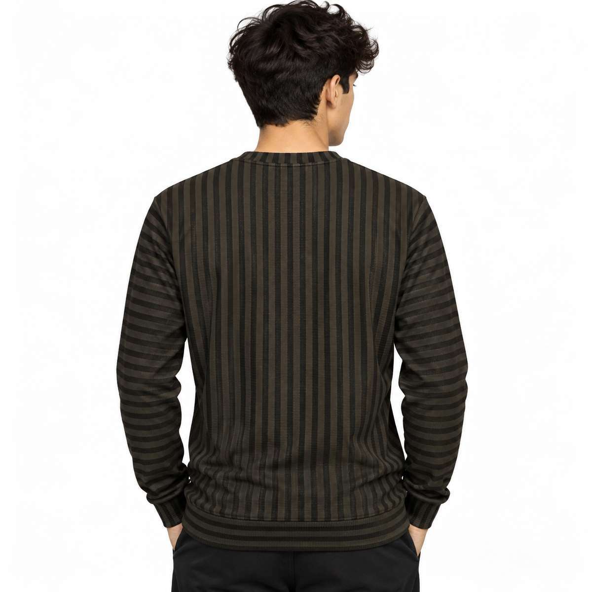Dark Brown & Black Textured Striped Crewneck Sweatshirt – Unisex