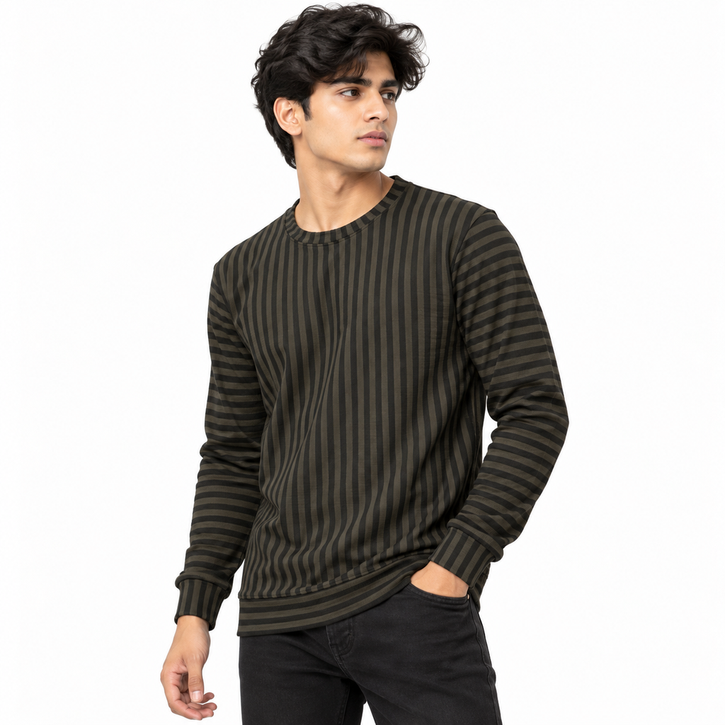 Dark Brown & Black Textured Striped Crewneck Sweatshirt – Unisex