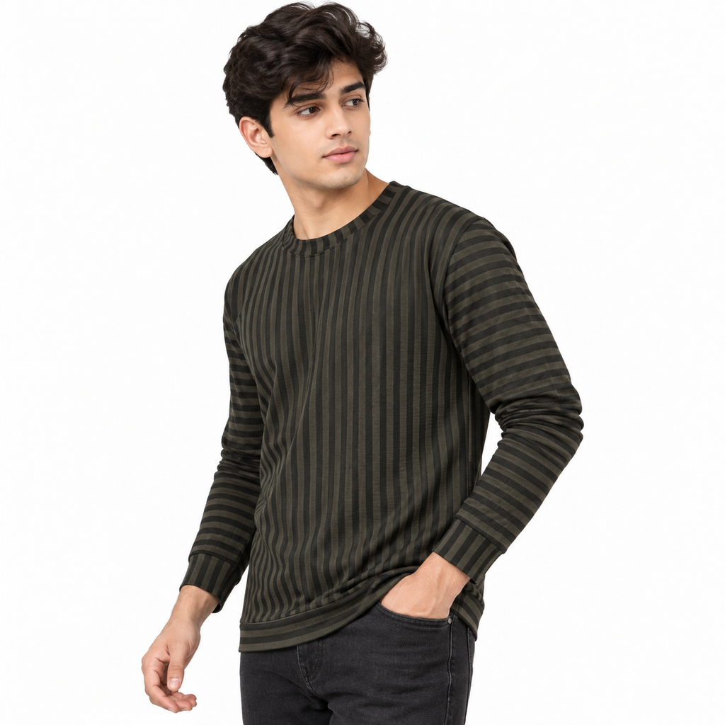 Dark Brown & Black Textured Striped Crewneck Sweatshirt – Unisex