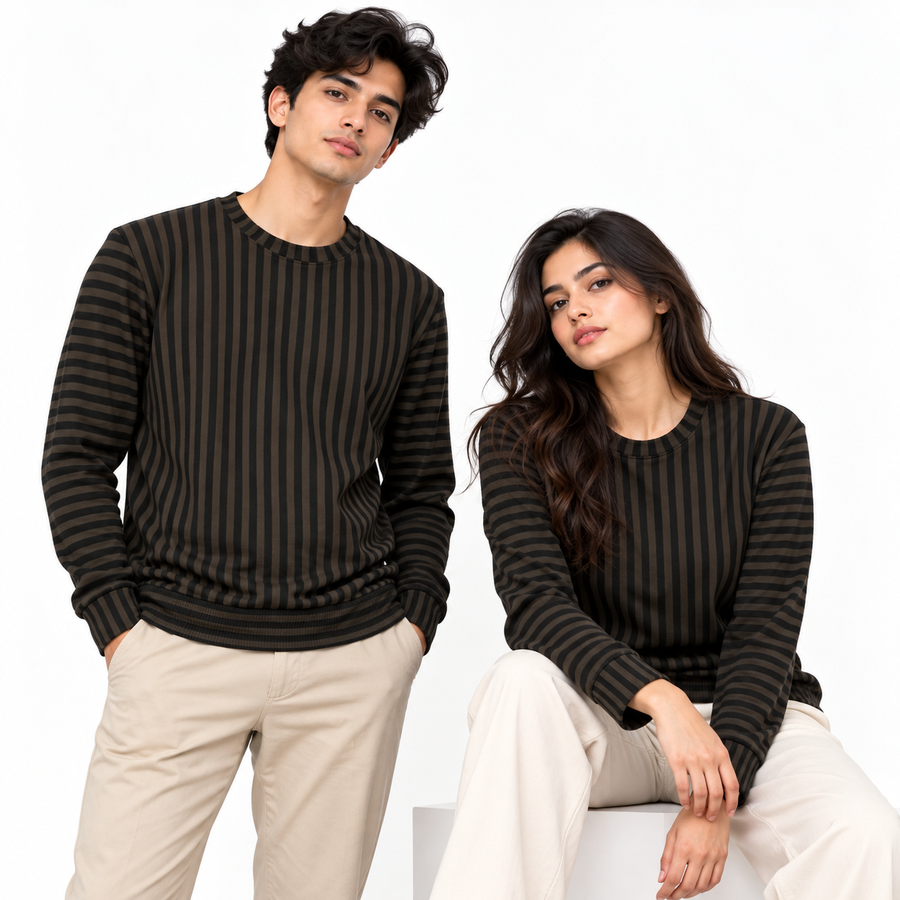 Dark Brown & Black Textured Striped Crewneck Sweatshirt – Unisex