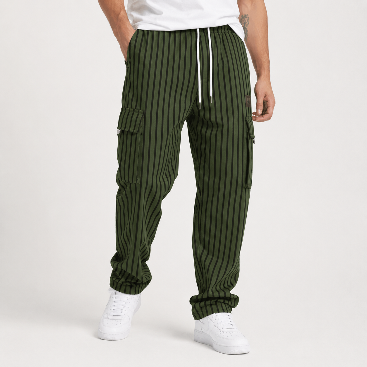 Dark Olive & Black Striped Cargo Joggers - Cotton Trousers