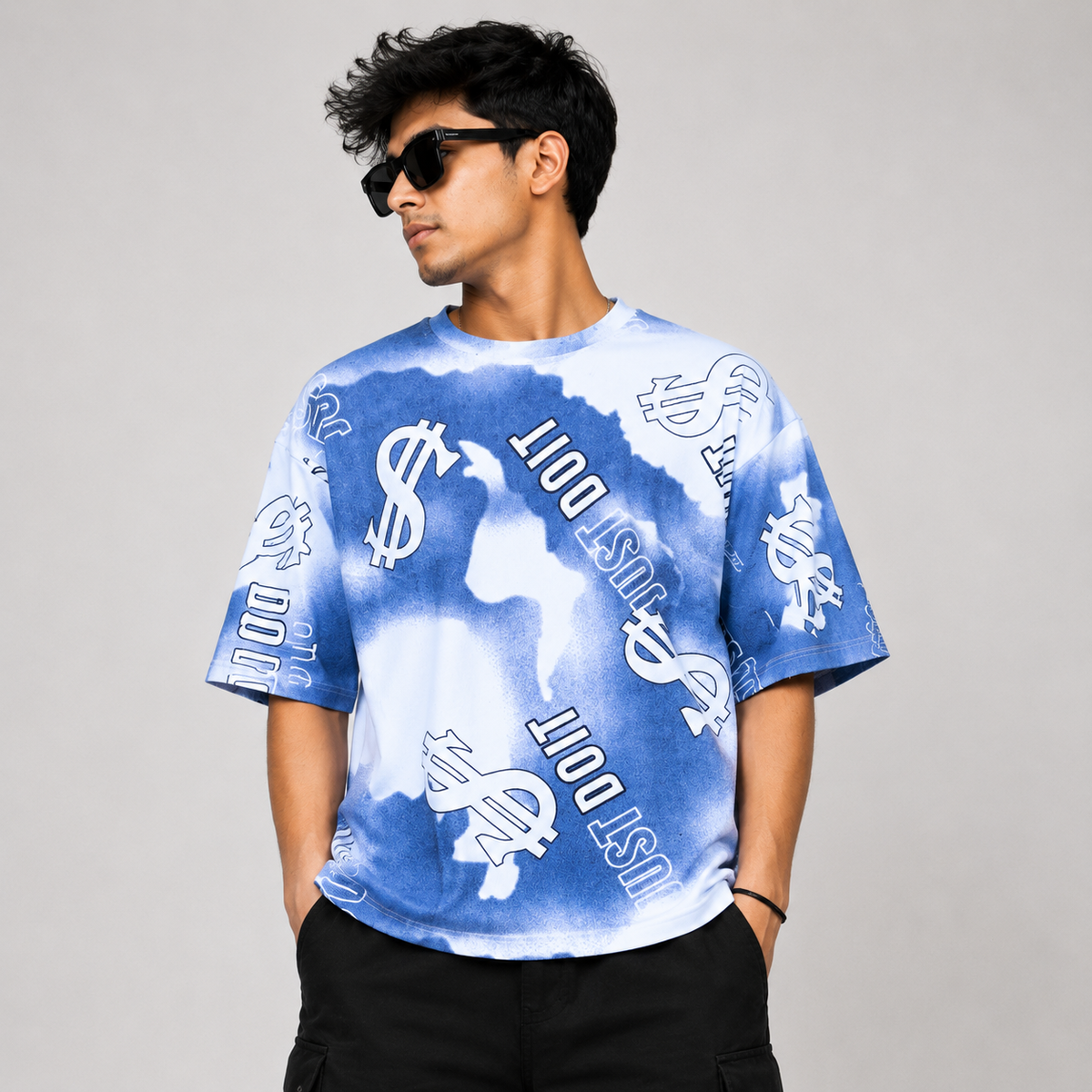 Dollar Print Oversized T-Shirt – Blue & White
