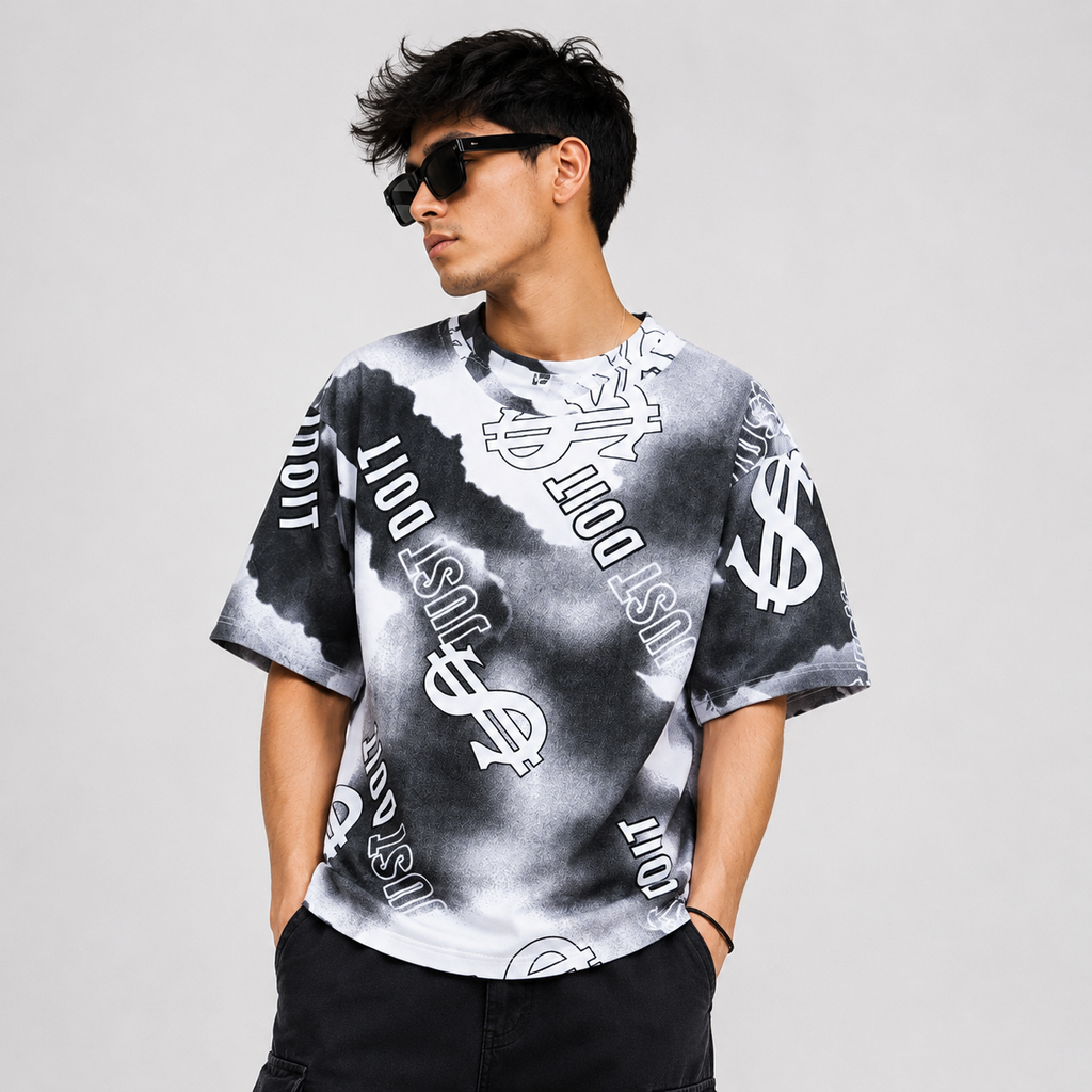 Dollar Print Oversized T-Shirt – Black & White
