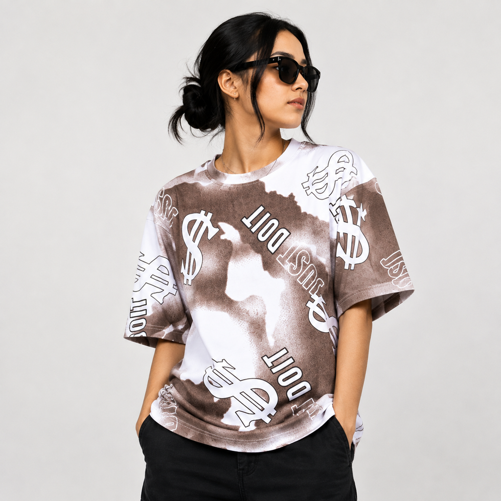 Dollar Print Oversized T-Shirt – Brown & White
