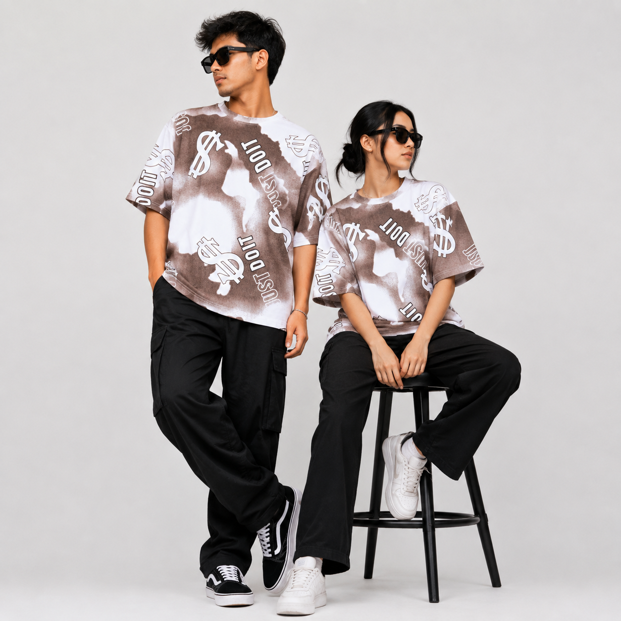 Dollar Print Oversized T-Shirt – Brown & White