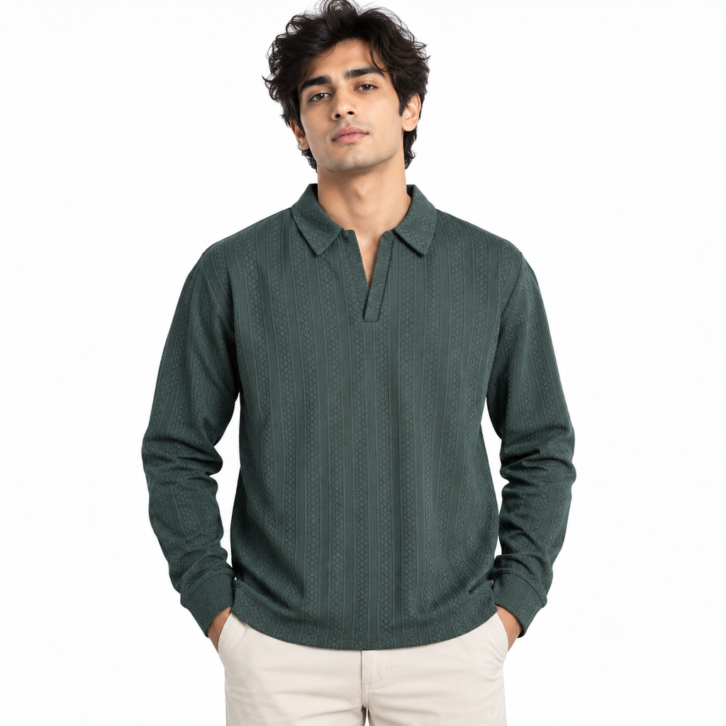 Forest Green Jacquard Open-Collar Full-Sleeve Polo Tee | Relaxed Fit