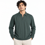 Forest Green Jacquard Open-Collar Full-Sleeve Polo Tee | Relaxed Fit