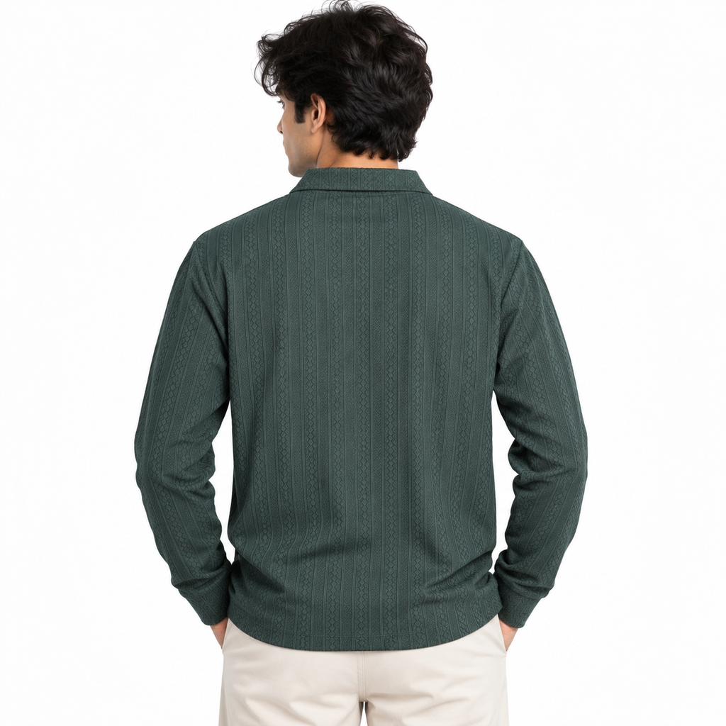Forest Green Jacquard Open-Collar Full-Sleeve Polo Tee | Relaxed Fit