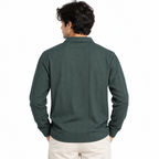 Forest Green Jacquard Open-Collar Full-Sleeve Polo Tee | Relaxed Fit