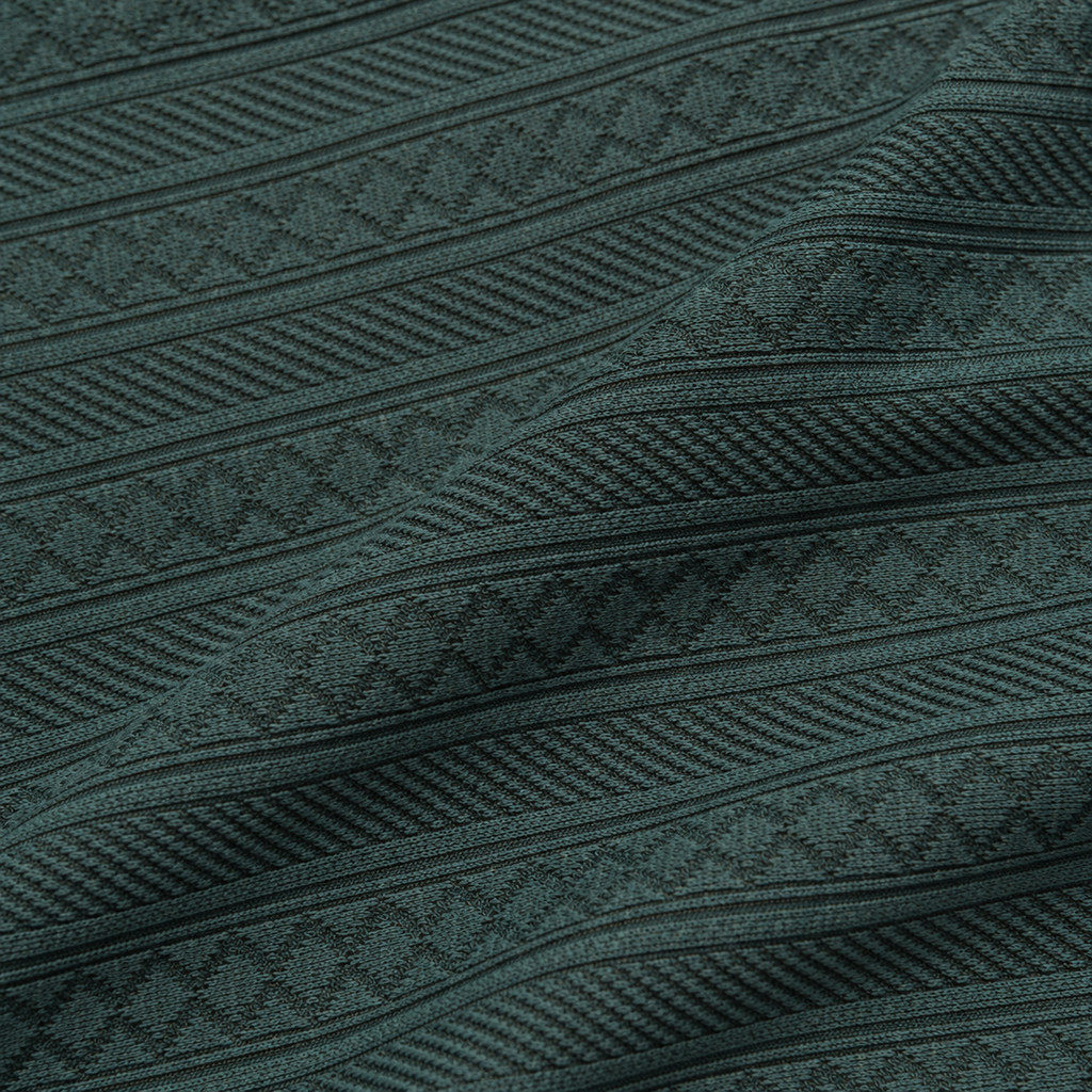 Forest Green Jacquard Open-Collar Full-Sleeve Polo Tee | Relaxed Fit