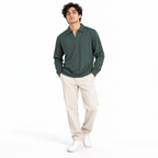 Forest Green Jacquard Open-Collar Full-Sleeve Polo Tee | Relaxed Fit