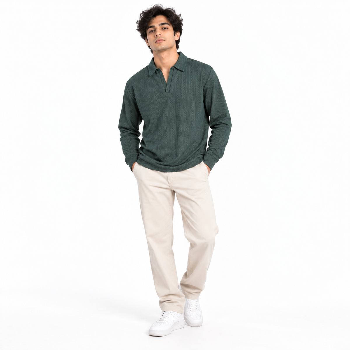Forest Green Jacquard Open-Collar Full-Sleeve Polo Tee | Relaxed Fit