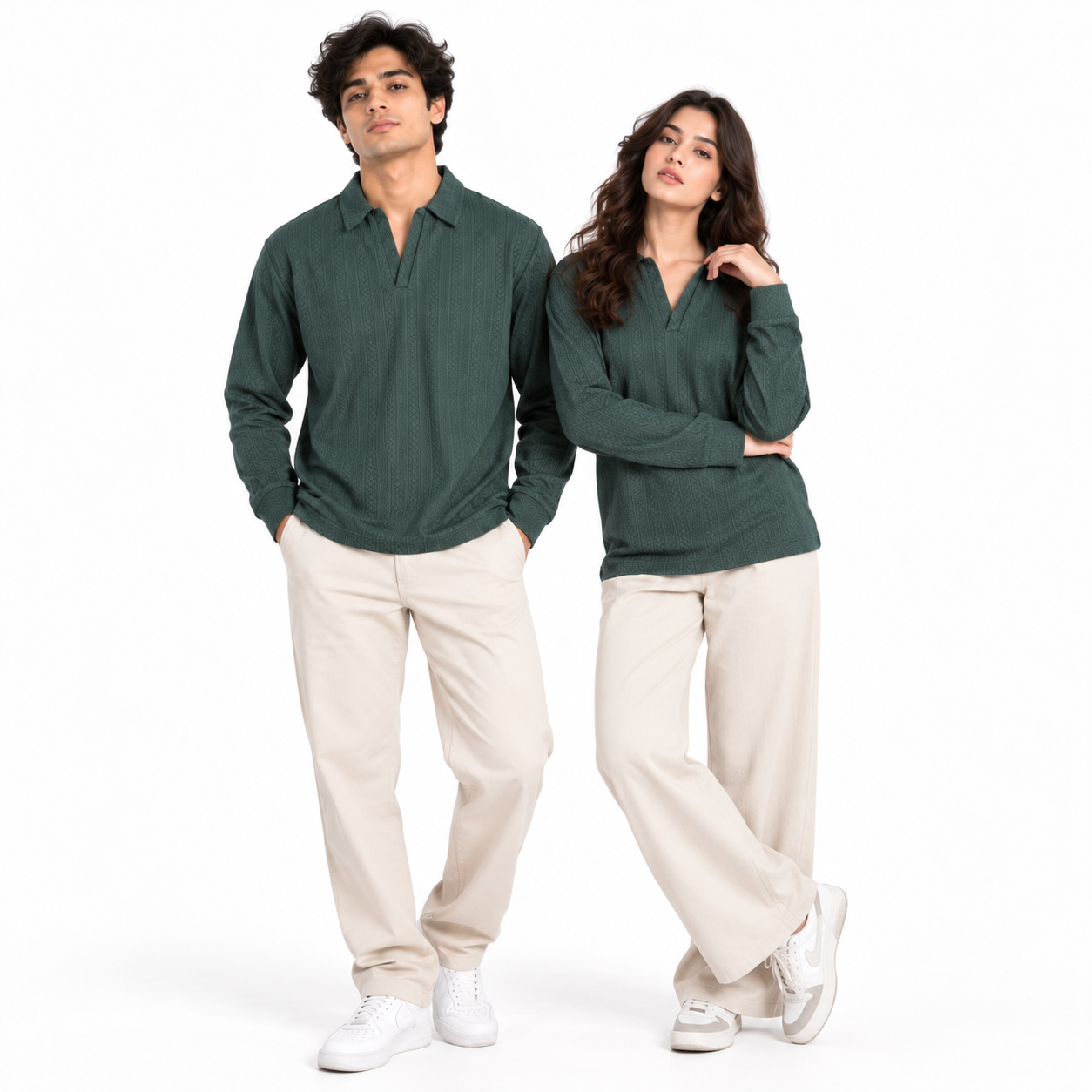 Forest Green Jacquard Open-Collar Full-Sleeve Polo Tee | Relaxed Fit