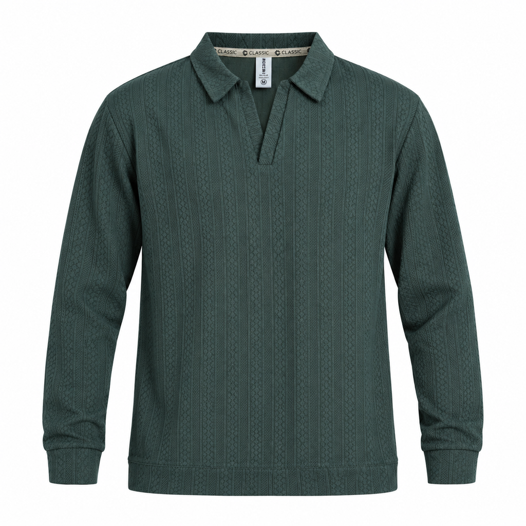 Forest Green Jacquard Open-Collar Full-Sleeve Polo Tee | Relaxed Fit