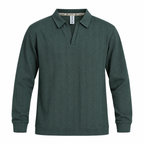 Forest Green Jacquard Open-Collar Full-Sleeve Polo Tee | Relaxed Fit