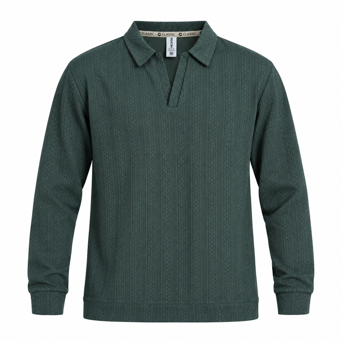 Forest Green Jacquard Open-Collar Full-Sleeve Polo Tee | Relaxed Fit
