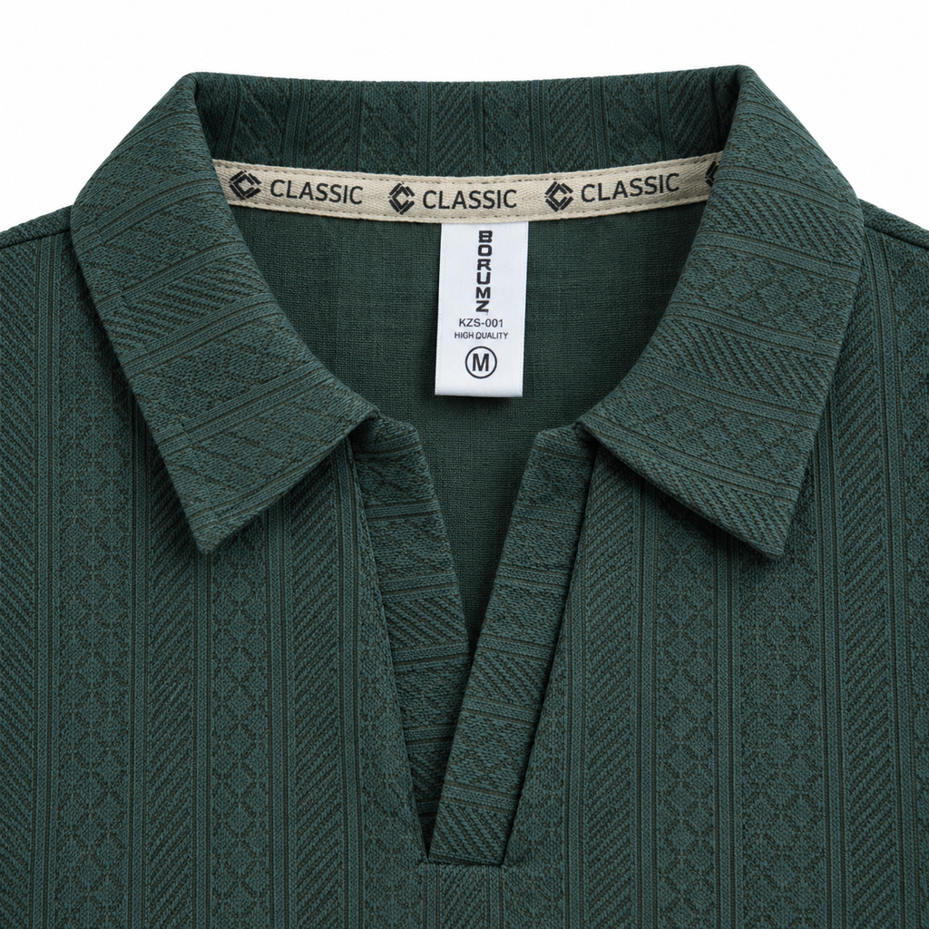 Forest Green Jacquard Open-Collar Full-Sleeve Polo Tee | Relaxed Fit