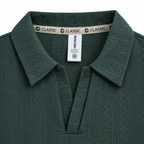 Forest Green Jacquard Open-Collar Full-Sleeve Polo Tee | Relaxed Fit