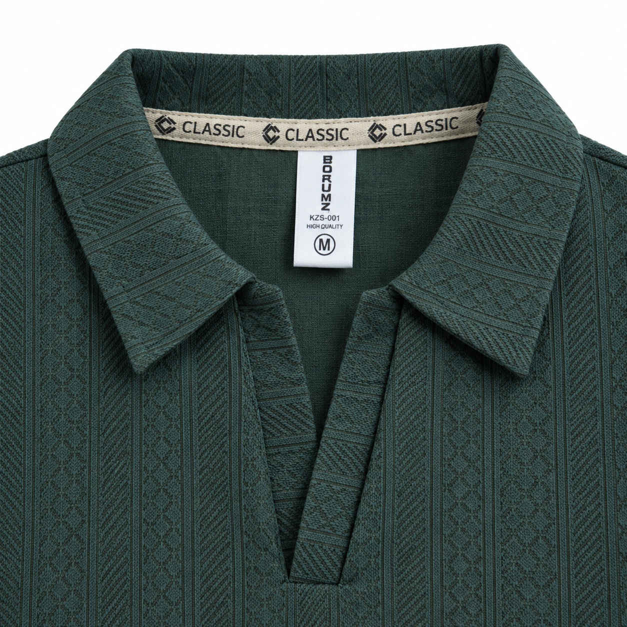 Forest Green Jacquard Open-Collar Full-Sleeve Polo Tee | Relaxed Fit