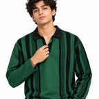 Forest Green & Black Vertical Striped Polo Shirt – Unisex Long Sleeve
