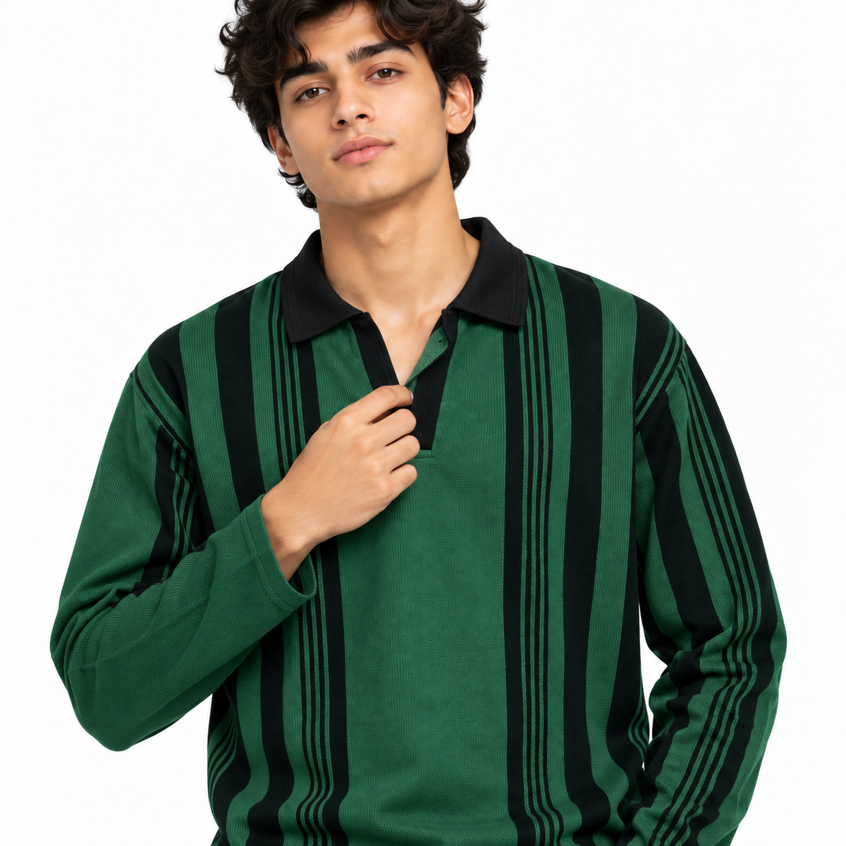 Forest Green & Black Vertical Striped Polo Shirt – Unisex Long Sleeve