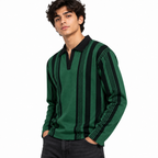 Forest Green & Black Vertical Striped Polo Shirt – Unisex Long Sleeve