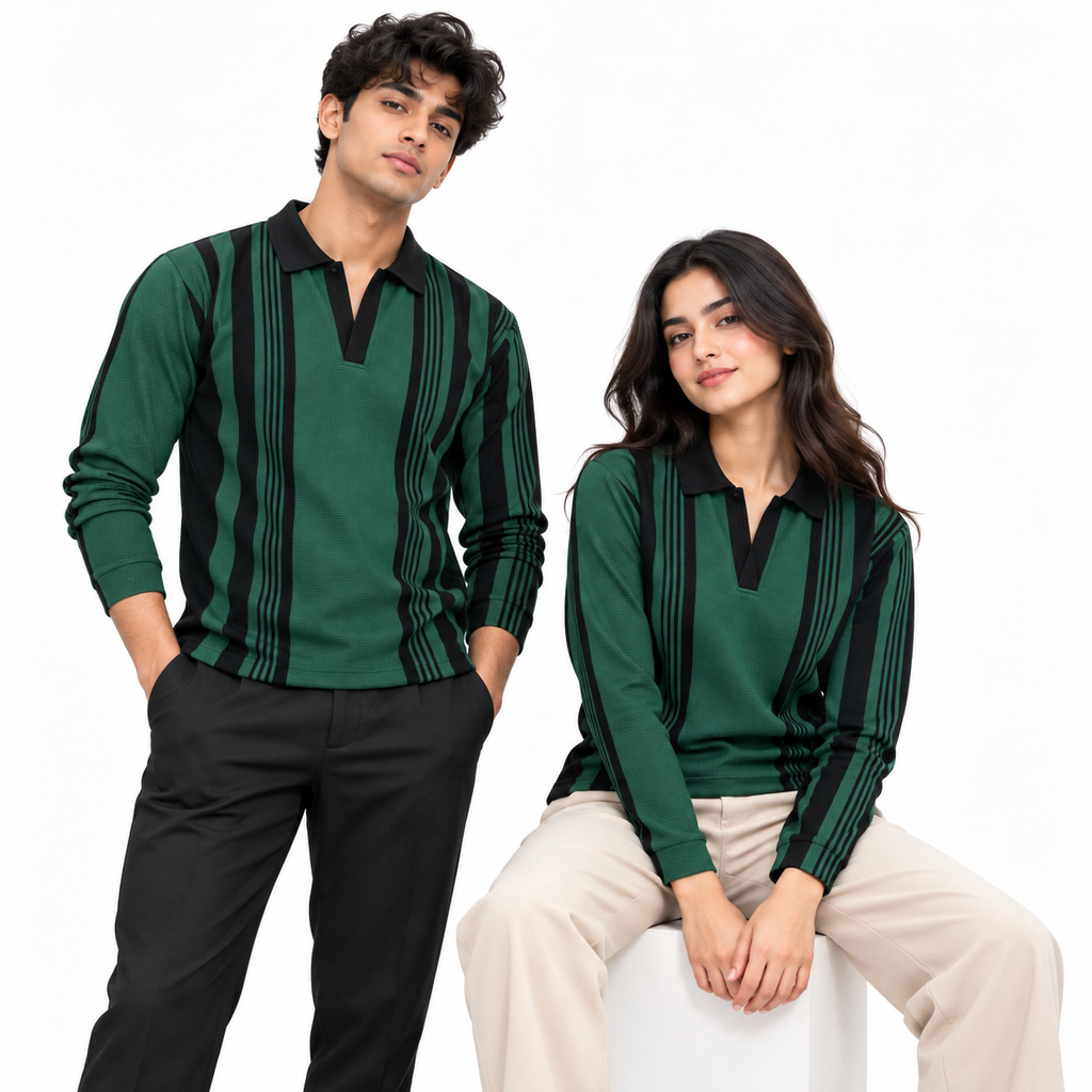 Forest Green & Black Vertical Striped Polo Shirt – Unisex Long Sleeve