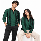 Forest Green & Black Vertical Striped Polo Shirt – Unisex Long Sleeve