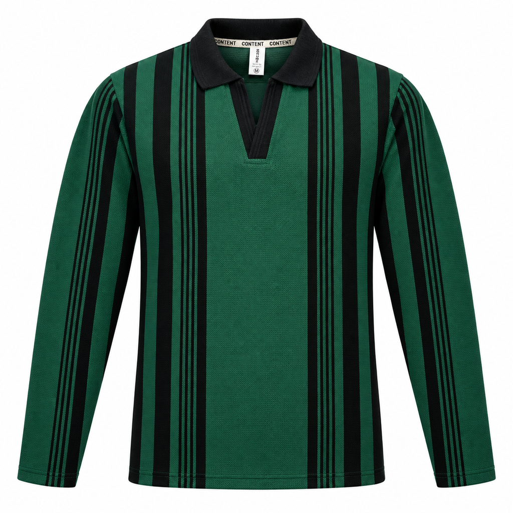 Forest Green & Black Vertical Striped Polo Shirt – Unisex Long Sleeve