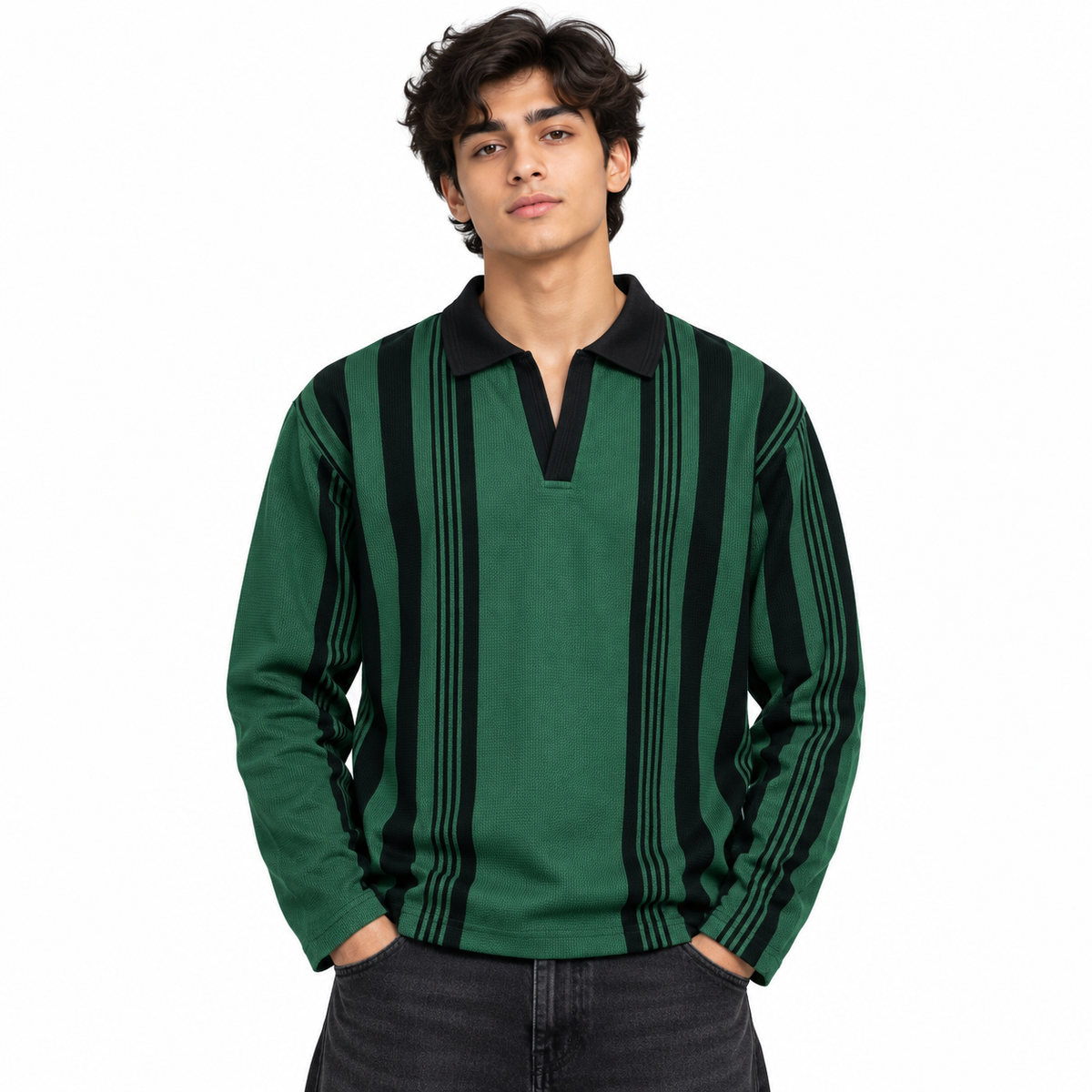 Forest Green & Black Vertical Striped Polo Shirt – Unisex Long Sleeve