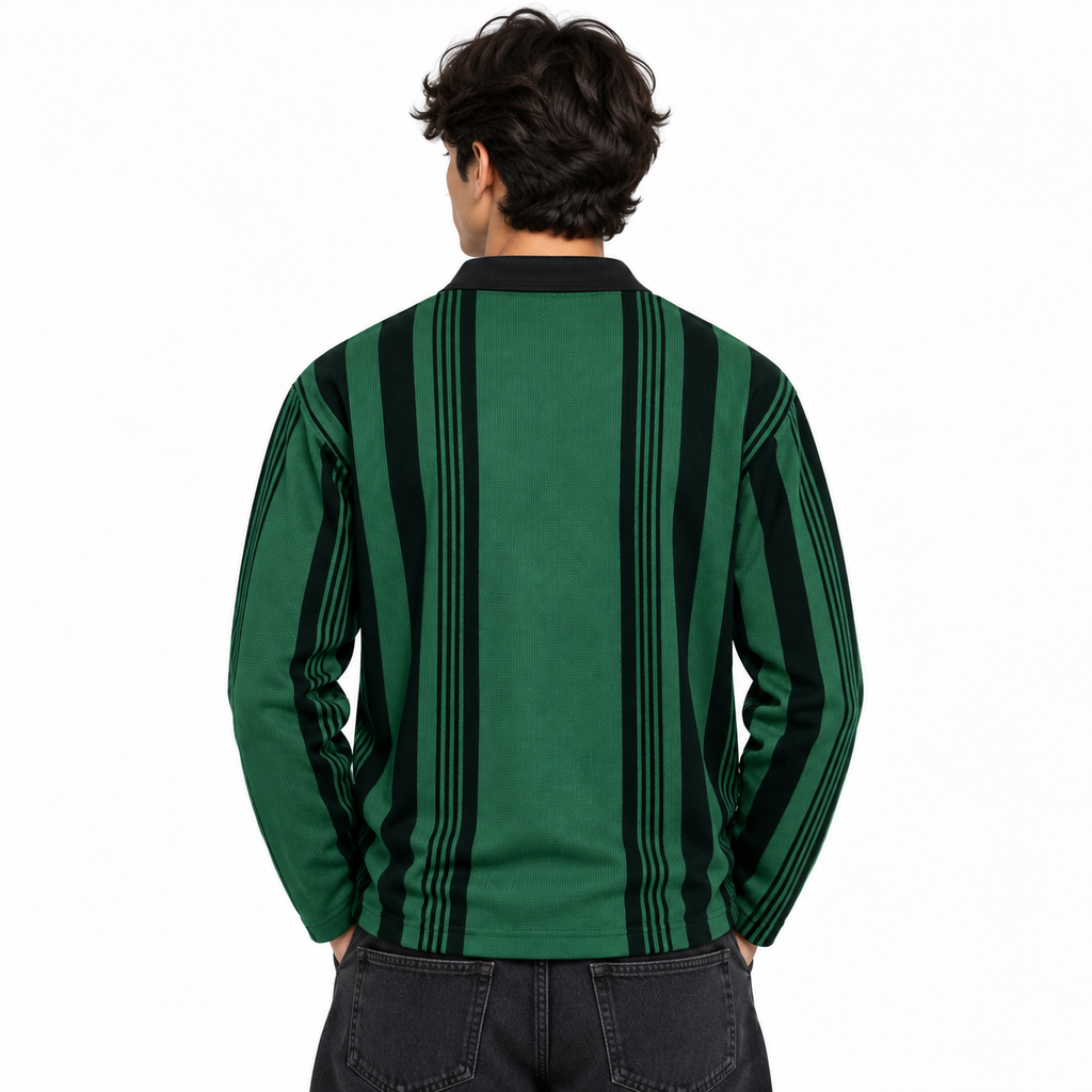 Forest Green & Black Vertical Striped Polo Shirt – Unisex Long Sleeve
