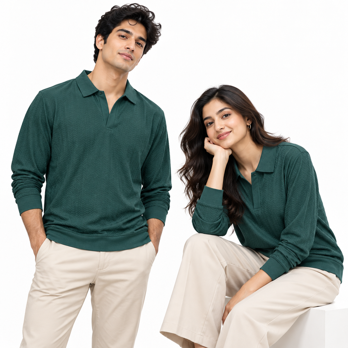 Forest Teal Textured Dry-Fit Polo Shirt – Unisex Long Sleeve