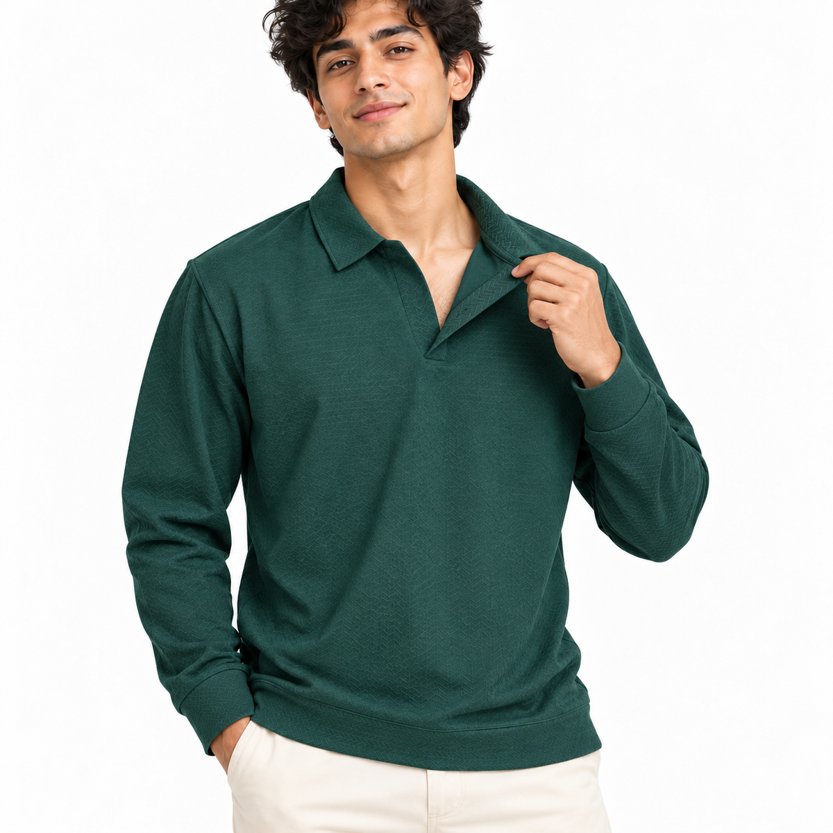 Forest Teal Textured Dry-Fit Polo Shirt – Unisex Long Sleeve