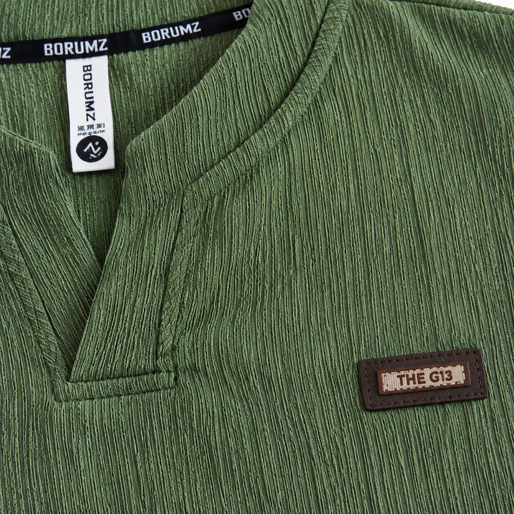 Forest green Textured Split-Neck Full Sleeve tee | Relaxed Fit
