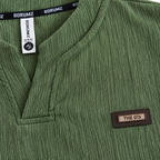 Forest green Textured Split-Neck Full Sleeve tee | Relaxed Fit