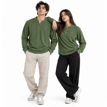 Forest green Textured Split-Neck Full Sleeve tee | Relaxed Fit