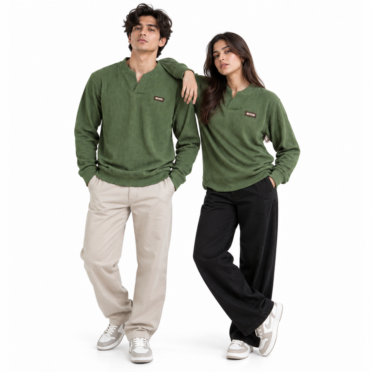 Forest green Textured Split-Neck Full Sleeve tee | Relaxed Fit