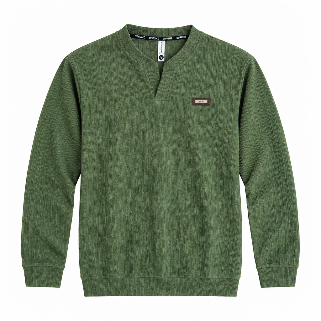Forest green Textured Split-Neck Full Sleeve tee | Relaxed Fit
