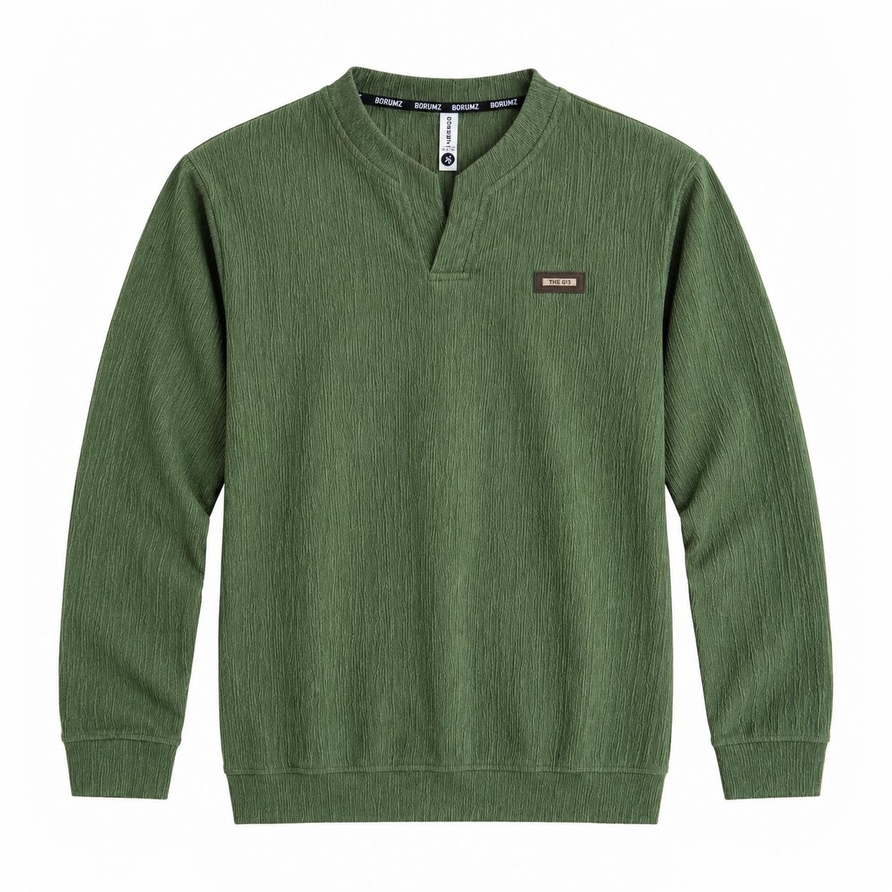 Forest green Textured Split-Neck Full Sleeve tee | Relaxed Fit