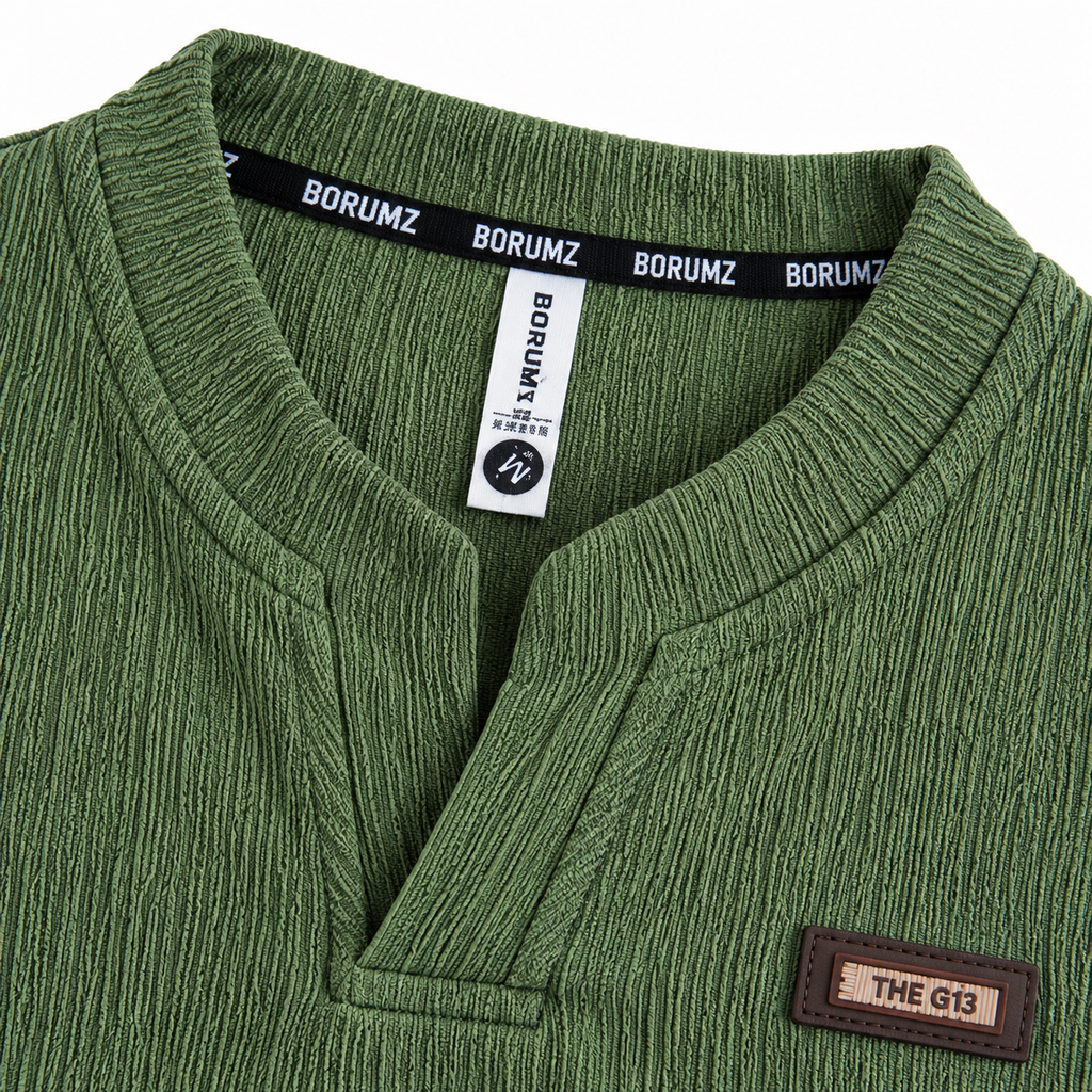 Forest green Textured Split-Neck Full Sleeve tee | Relaxed Fit
