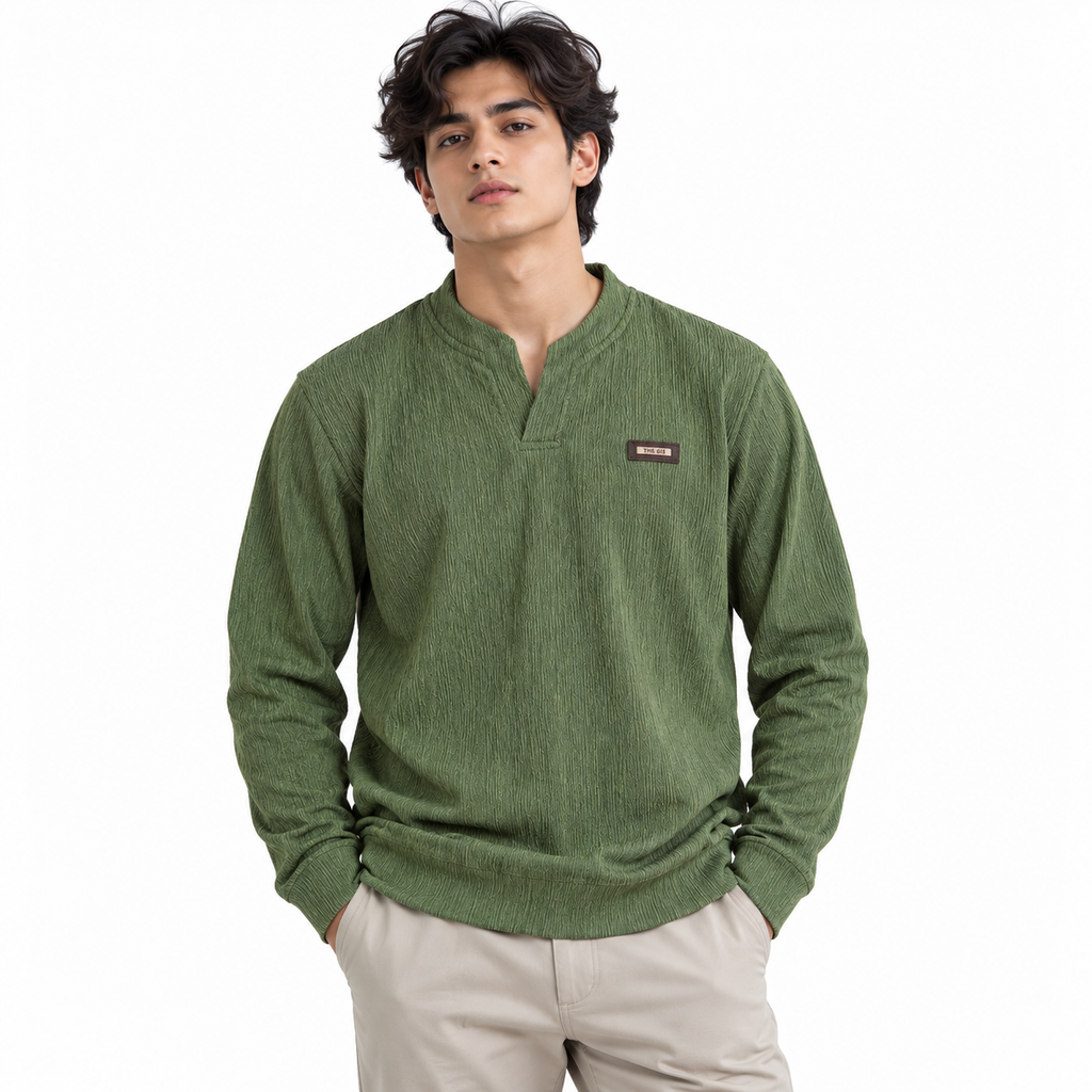 Forest green Textured Split-Neck Full Sleeve tee | Relaxed Fit