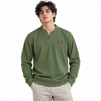 Forest green Textured Split-Neck Full Sleeve tee | Relaxed Fit