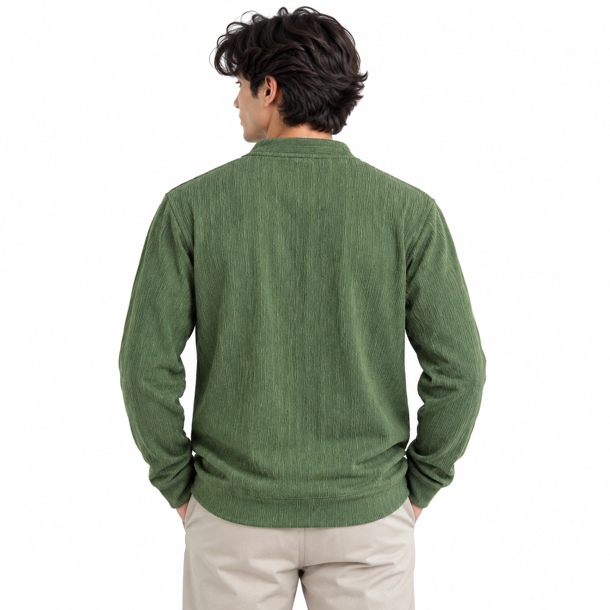 Forest green Textured Split-Neck Full Sleeve tee | Relaxed Fit