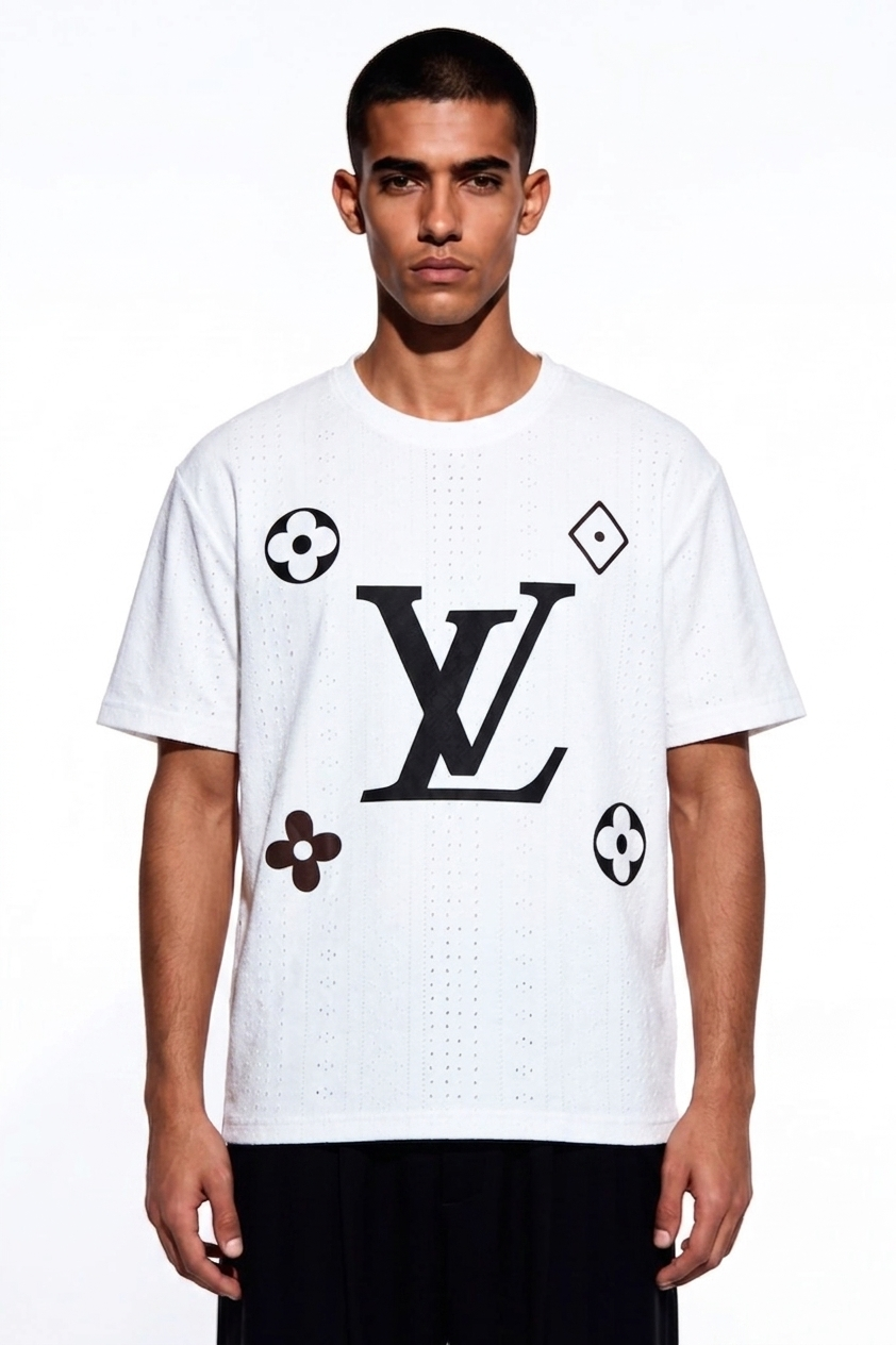 Premium Embroidered Eyelet Drop Shoulder T-Shirt - White