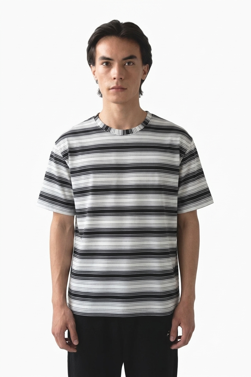 Off Shoulder Baggy T-Shirt | Multi Stripe - White & Black | Premium Oversized Cotton Tee