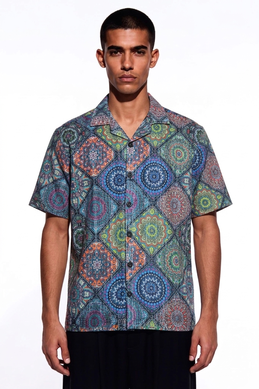 Borumz Crochet-Inspired Geometric Print Cuban Collar Shirt – Boxy Fit