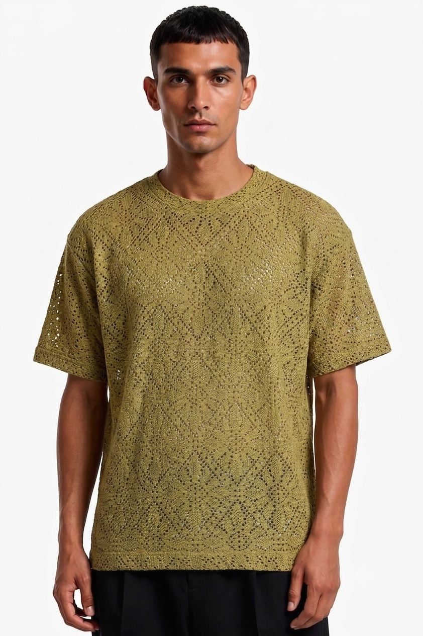 Summer Mesh Knit T-Shirt -  Mustard Gold | Premium Crochet Knit Oversized Tee