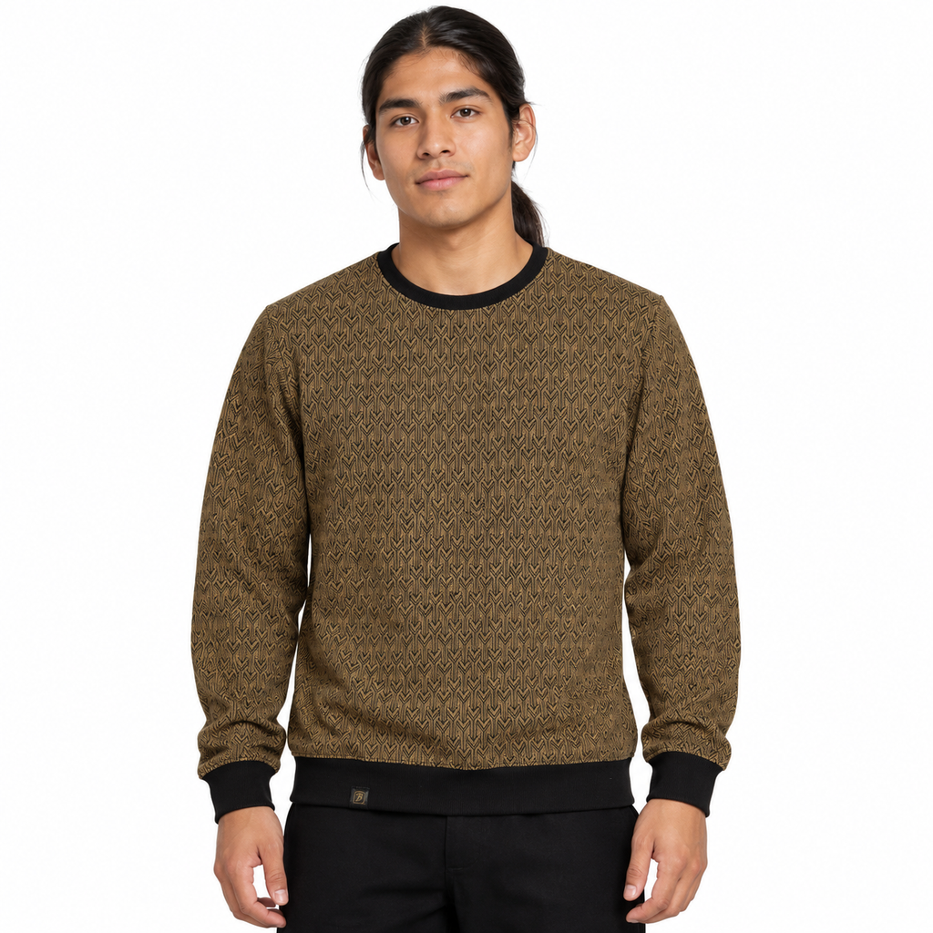 Graphite Brown Geo-Jacquard Full-Sleeve Tee | Relaxed Fit