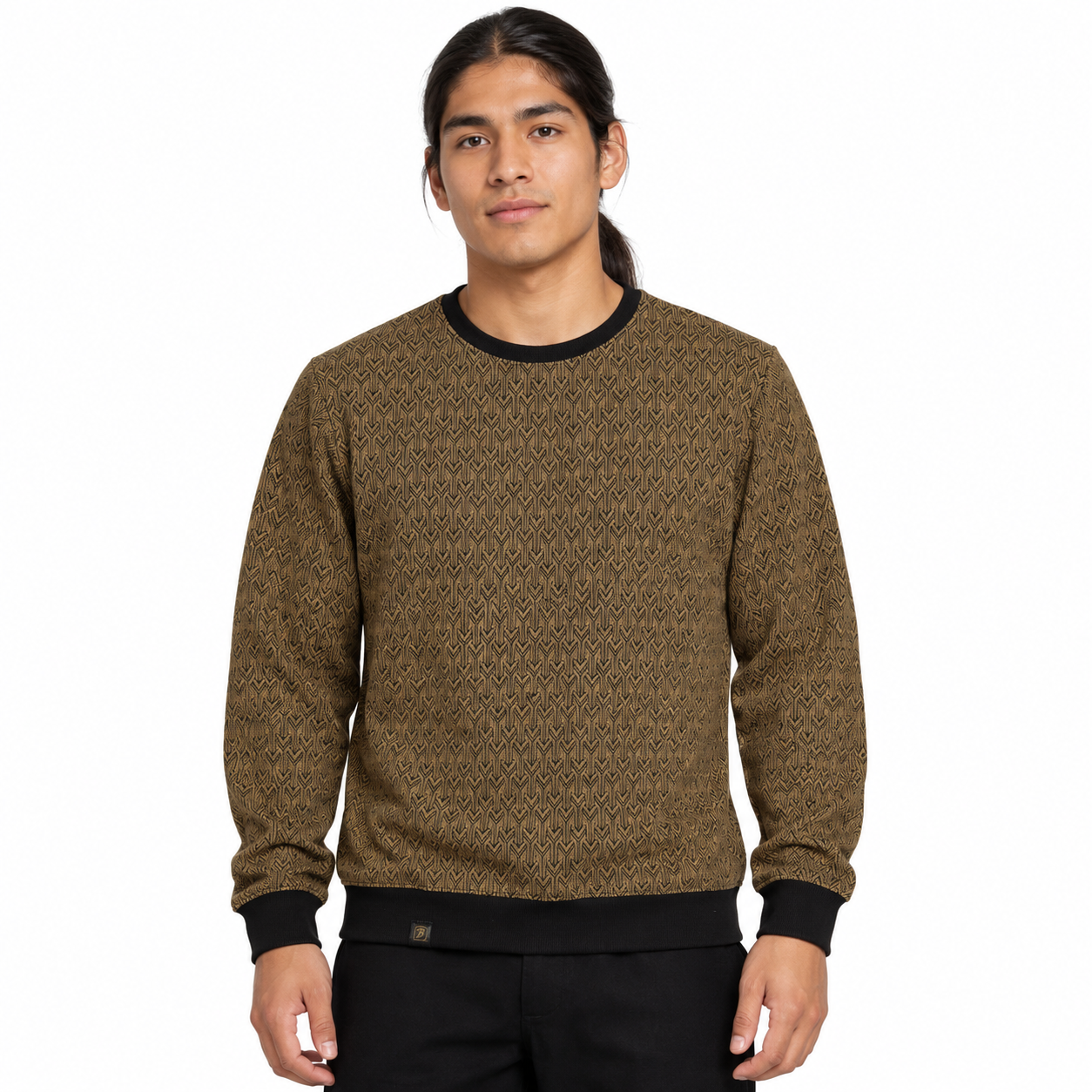 Graphite Brown Geo-Jacquard Full-Sleeve Tee | Relaxed Fit